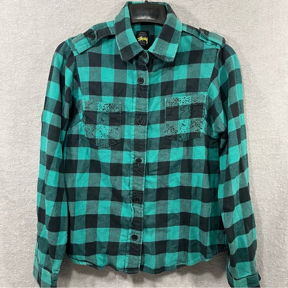 Stussy Women’s Large Plaid Flannel Button Up Long Sleeve Shirt Cotton Green - Picture 1 of 7